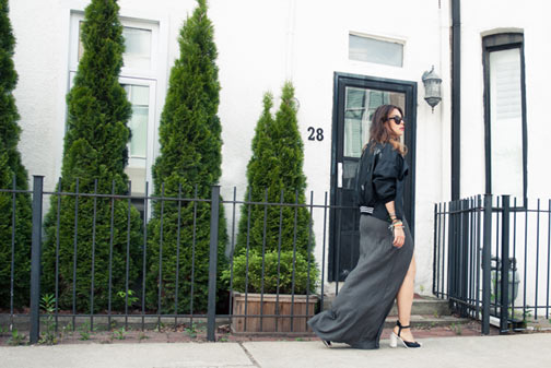 Grace Caroll wears a Helmut Lang skirt with a thigh-high slit