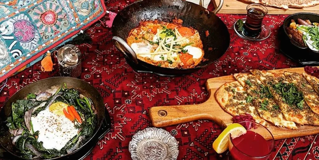 naan and kabob spread