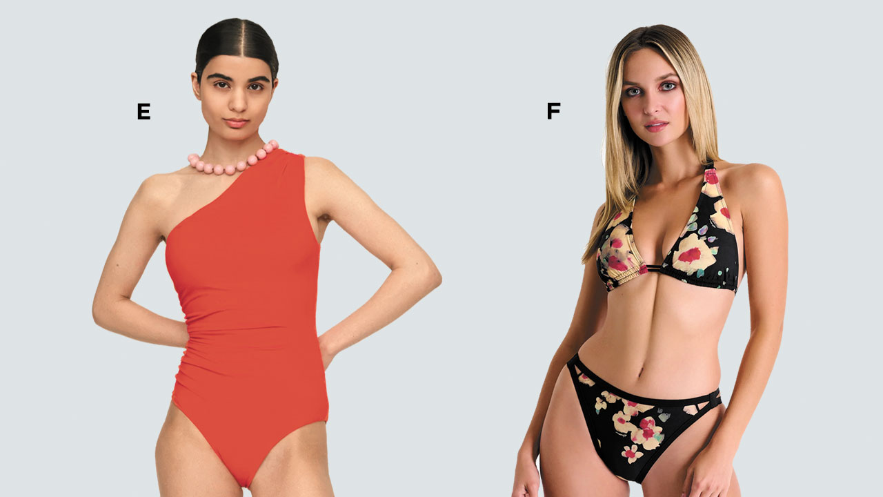 One-shoulder red swimsuit from Loversland and a floral print bikini from Shan